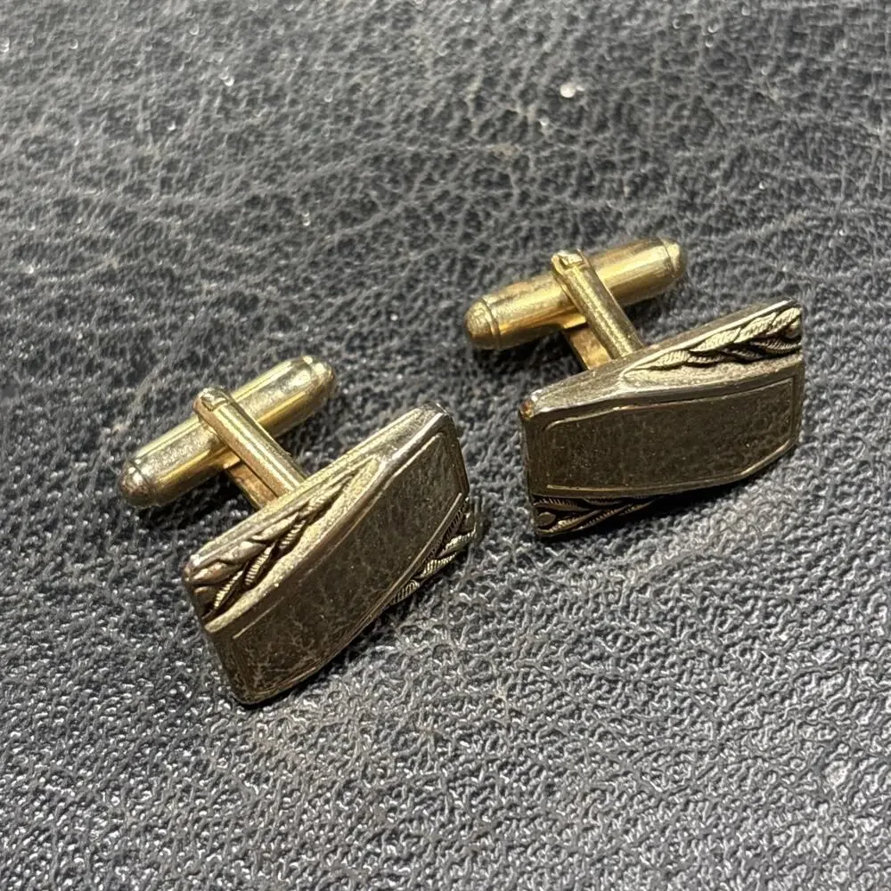 Vintage Gold Tone Engraved Cufflinks Mid Century Men's Formal Jewelry Pair